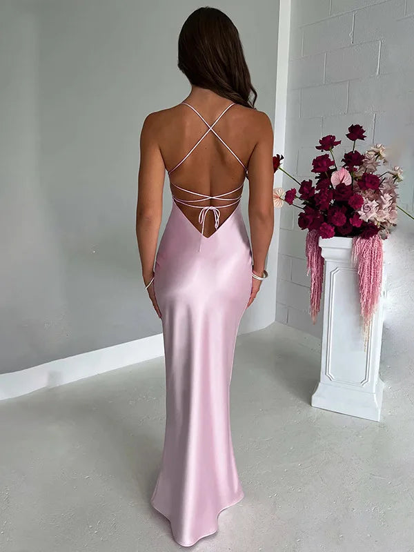 Elegant Satin Lace-Up Bodycon Dress – Minimalist Evening Wear