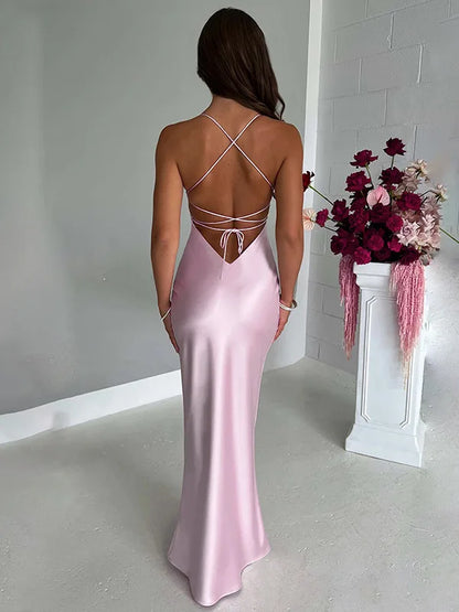 Elegant Satin Lace-Up Bodycon Dress – Minimalist Evening Wear