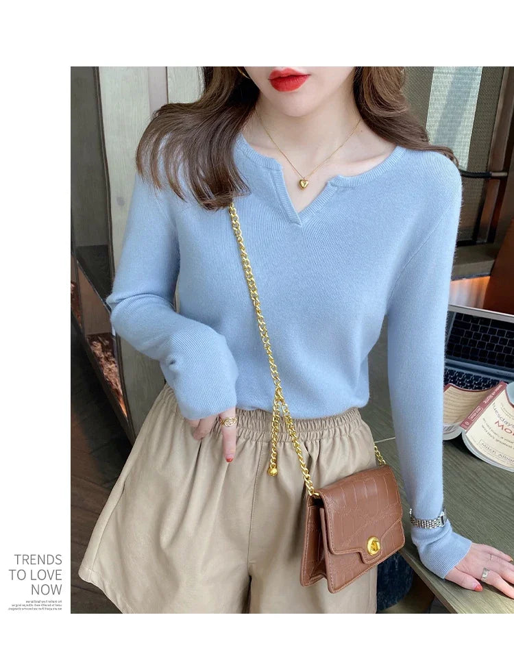 Elegant Knit V-Neck Sweater – Slim Fit Autumn Winter Pullover for Women.