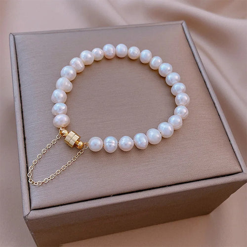 Lustrous Pearl Harmony Bracelet – 14K Gold-Filled Magnetic Clasp Jewelry for Women.