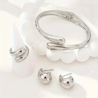 Elegant Water Drop Jewelry Set – Open Bangle, Teardrop Ring & Earrings for Effortless Modern Chic.