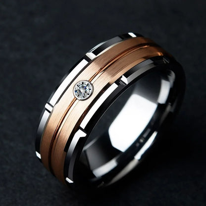 Luxury Rose Gold Couple Ring – Hollow Carved Design with Zircon Stones.