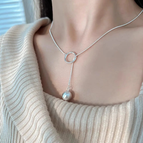 Brushed Silver Ball Necklace – Minimalist Geometric Long Chain Jewelry.