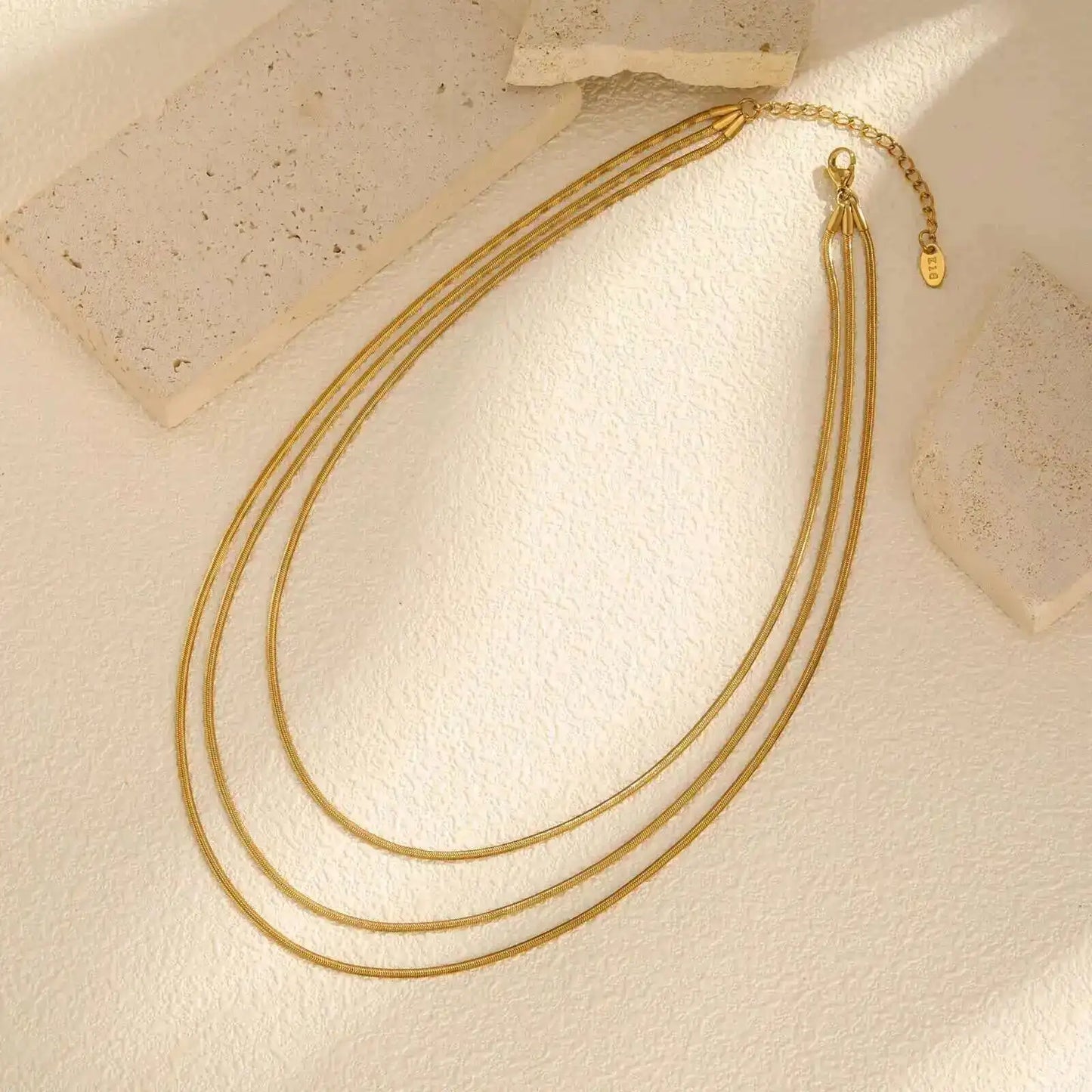 Waterproof Gold Layered Necklace – Stainless Steel Triple Snake Chain Choker for Women.