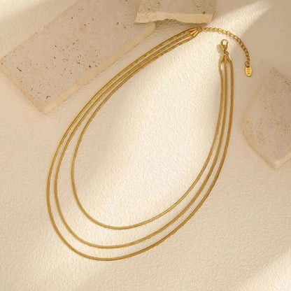 Waterproof Gold Layered Necklace – Stainless Steel Triple Snake Chain Choker for Women.