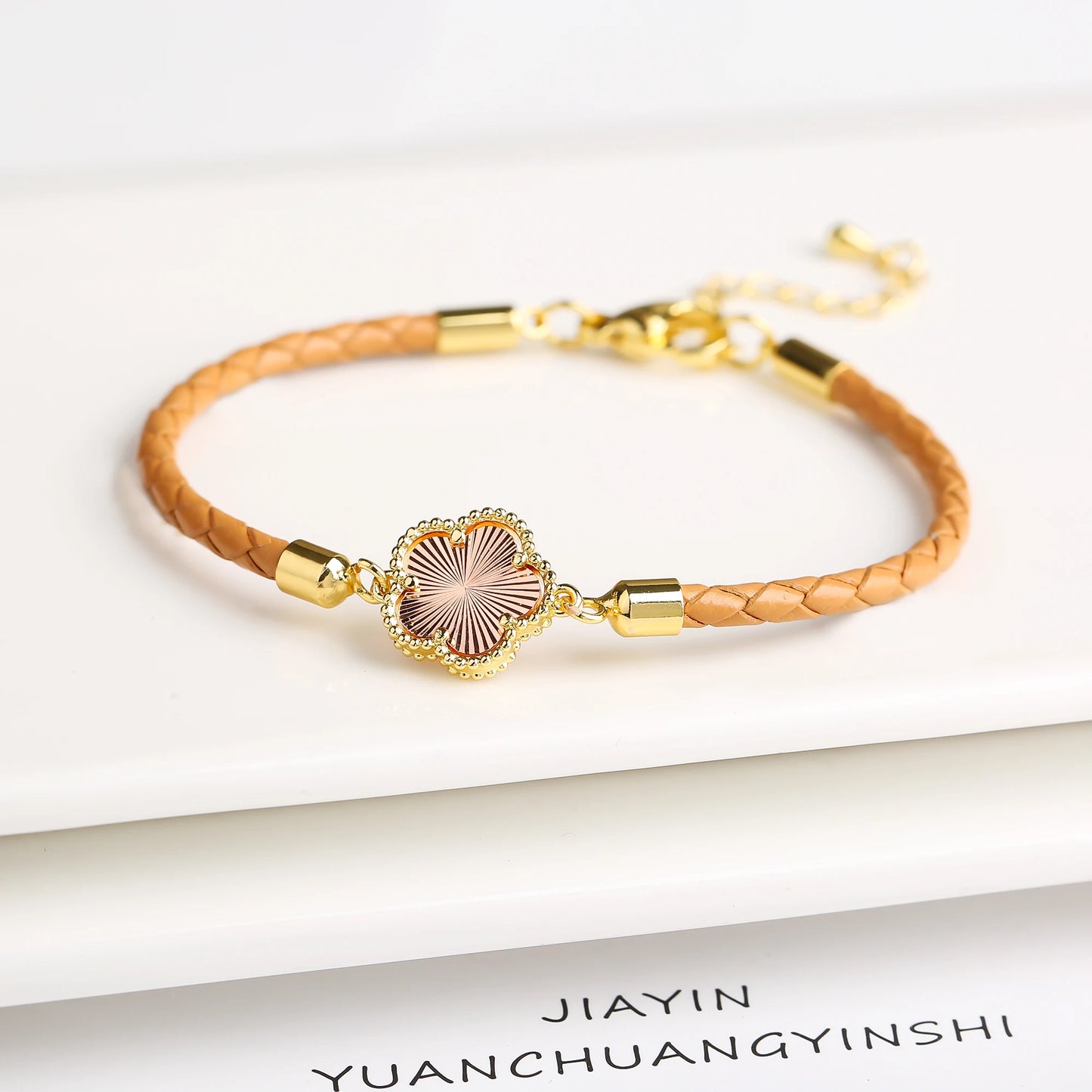 Five-Leaf Flower Natural Stone Bracelet – Chic Woven Leather Jewelry for Women.