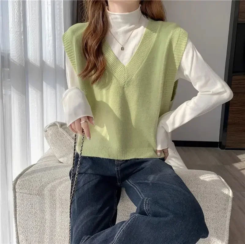 Minimalist Women’s V-Neck Knit Vest – Cozy Korean Aesthetic.