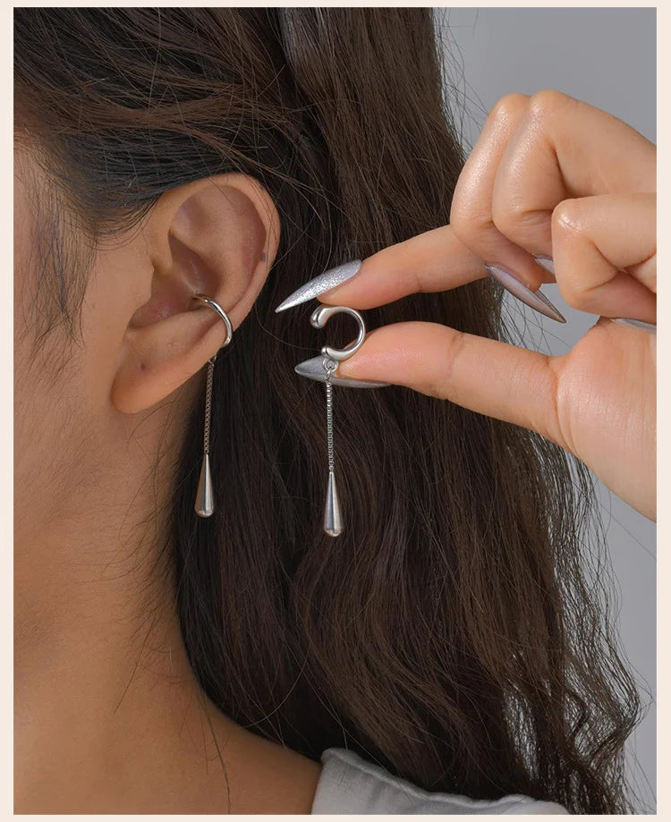 C-Shaped Teardrop Tassel Ear Cuff – No Piercing Clip Earrings for Women.