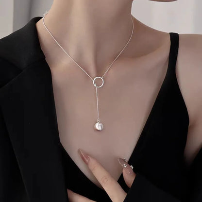 Brushed Silver Ball Necklace – Minimalist Geometric Long Chain Jewelry.