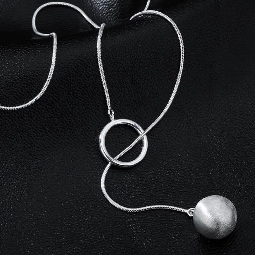 Brushed Silver Ball Necklace – Minimalist Geometric Long Chain Jewelry.