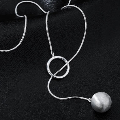 Brushed Silver Ball Necklace – Minimalist Geometric Long Chain Jewelry.