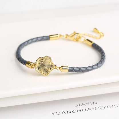 Five-Leaf Flower Natural Stone Bracelet – Chic Woven Leather Jewelry for Women.
