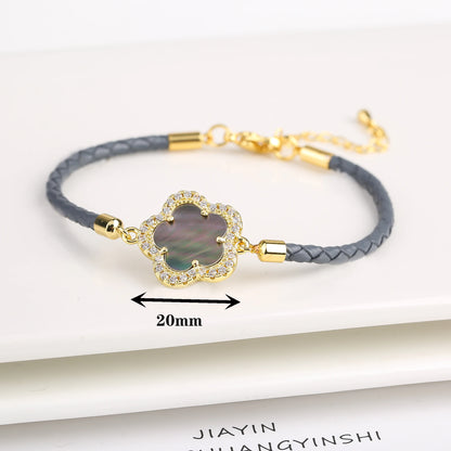 Five-Leaf Flower Natural Stone Bracelet – Chic Woven Leather Jewelry for Women.