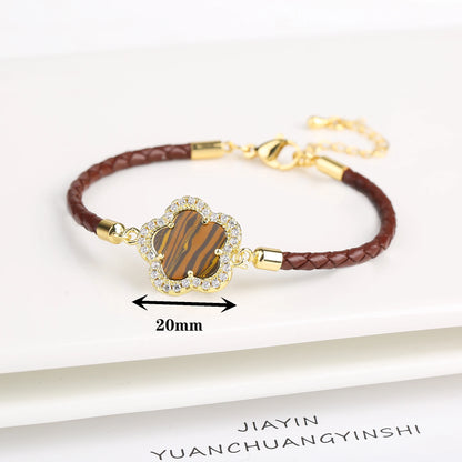 Five-Leaf Flower Natural Stone Bracelet – Chic Woven Leather Jewelry for Women.