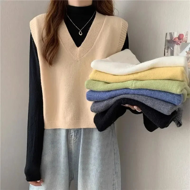 Minimalist Women’s V-Neck Knit Vest – Cozy Korean Aesthetic.