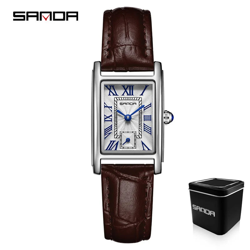 Sanda 1116 Elegant Leather Watch – Rectangle Dial Women’s Quartz Timepiece.