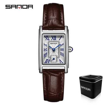 Sanda 1116 Elegant Leather Watch – Rectangle Dial Women’s Quartz Timepiece.