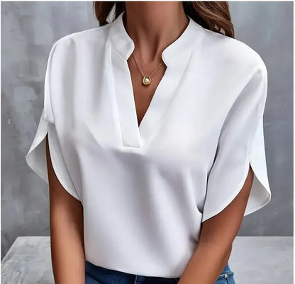 Elegant V-Neck Chiffon Blouse – Summer Casual Office Top for Women.