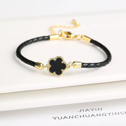 Five-Leaf Flower Natural Stone Bracelet – Chic Woven Leather Jewelry for Women.
