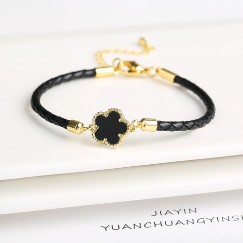Five-Leaf Flower Natural Stone Bracelet – Chic Woven Leather Jewelry for Women.