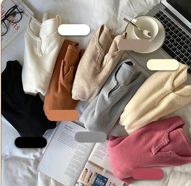 Elegant Knit V-Neck Sweater – Slim Fit Autumn Winter Pullover for Women.