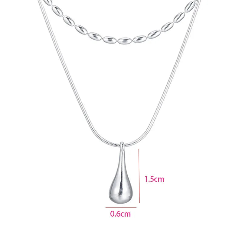 925 Sterling Silver Double-Layer Necklace – Minimalist Rice Droplet Pendant.