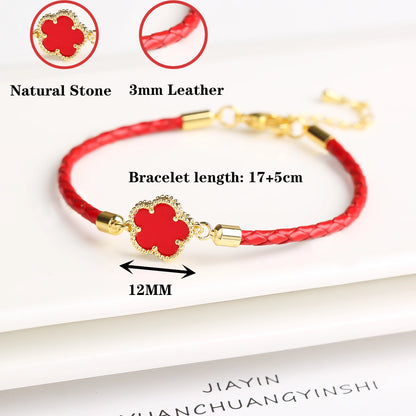 Five-Leaf Flower Natural Stone Bracelet – Chic Woven Leather Jewelry for Women.