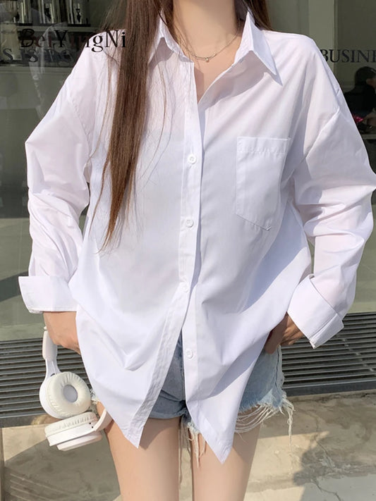 Beiyingni 2025Spring Autumn Women Shirts White Plain Loose Oversized Blouses Female Tops Loose BF Korean Style Blusas Pockets