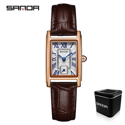 Sanda 1116 Elegant Leather Watch – Rectangle Dial Women’s Quartz Timepiece.
