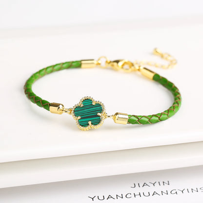 Five-Leaf Flower Natural Stone Bracelet – Chic Woven Leather Jewelry for Women.